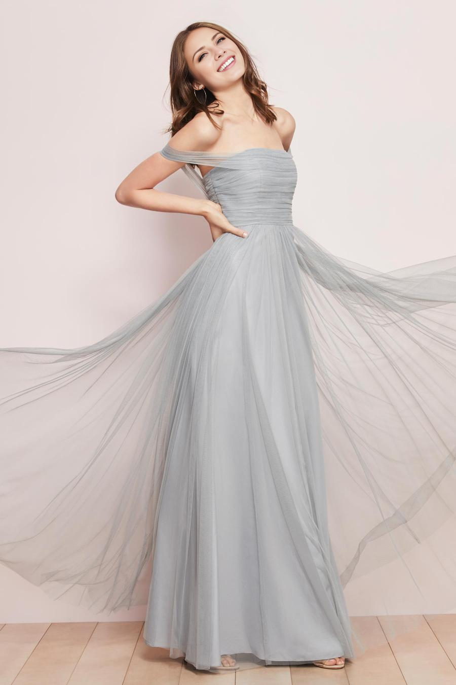 Slate Blue Off-the-Shoulder Ruched Tulle A-Line Bridesmaid Dress