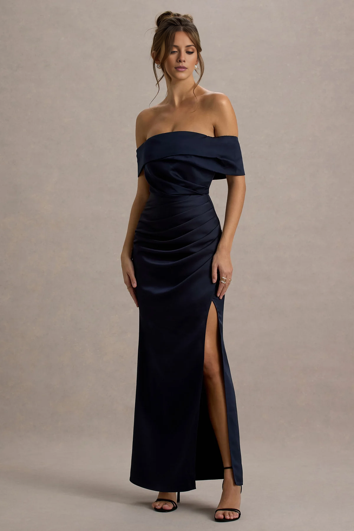 Off shoulder collar satin wrap and floor length evening dress - jimiss dress