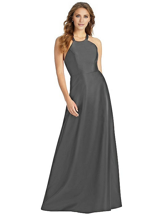 Vestido de noche Jimiss con escote halter, hombros descubiertos, sin mangas, espalda descubierta y largo hasta el suelo