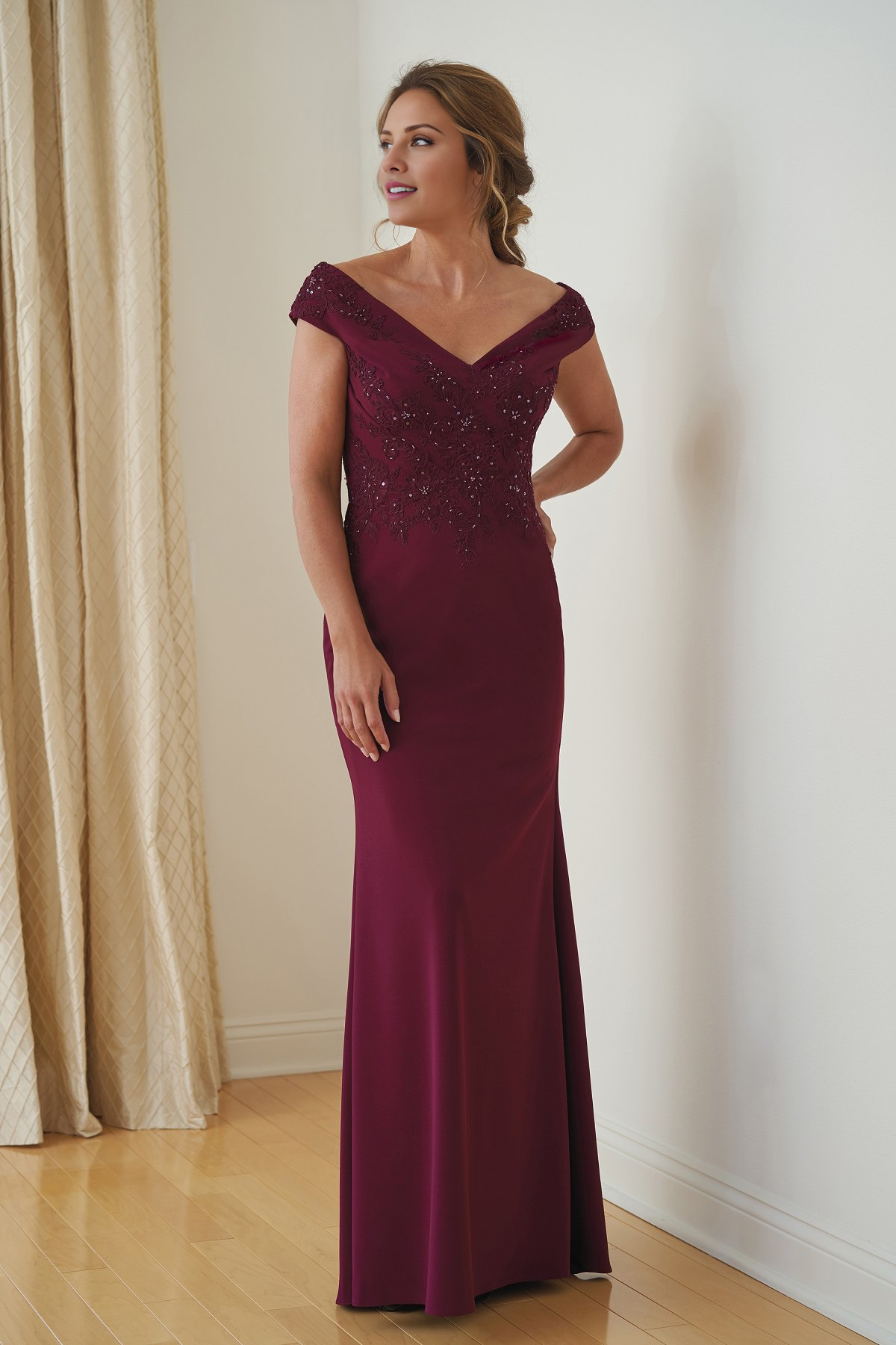 Burgundy Off-the-Shoulder Beaded Satin Sheath/column Floor-Length Gown