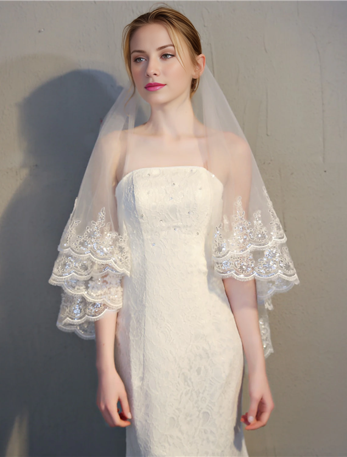 Jimiss - Vestido de novia de dos capas de estilo clásico con encaje pegado y pegatinas en las yemas de los dedos/maillette de 33,46 pulgadas (85 cm). Vestido de encaje/transparente/drapeado que deja una profunda impresión en 2025.