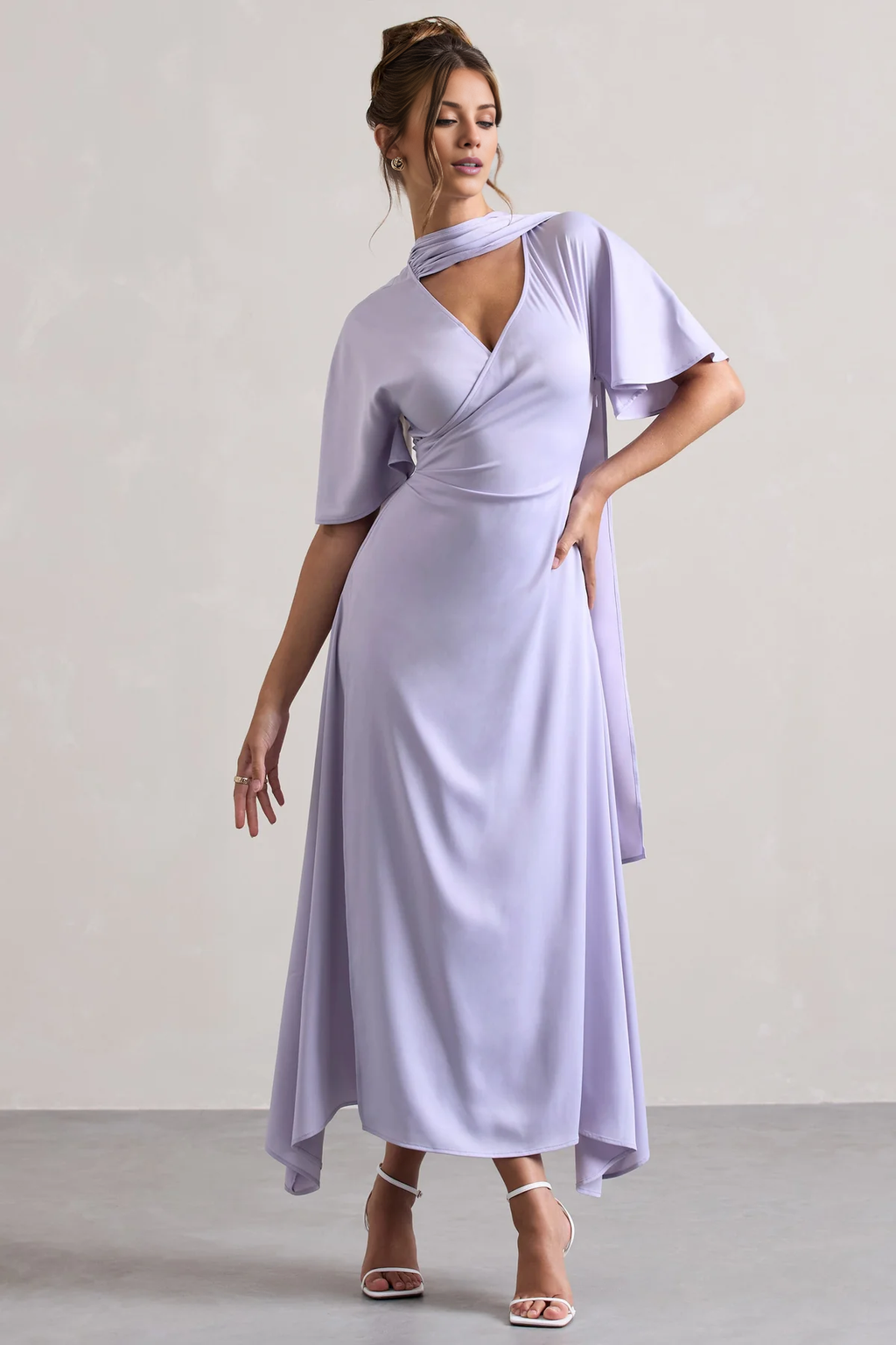Vestido de noche largo con escote en V y mangas asimétricas de hoja de loto - Vestido jimiss 