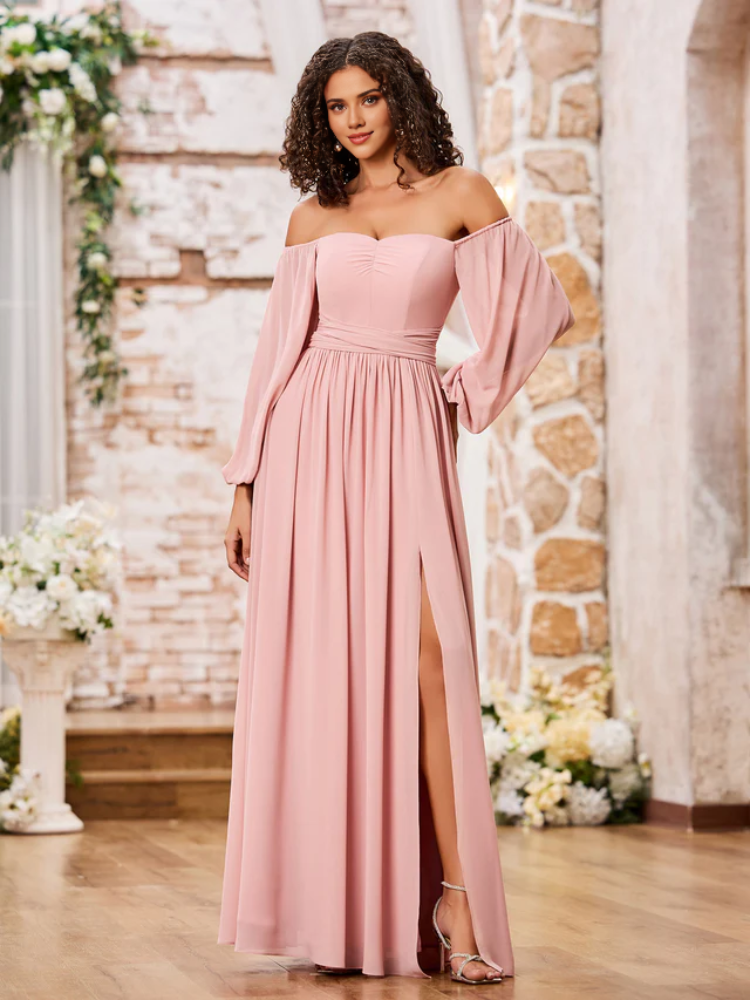 Chiffon Off-Shoulder Long-Sleeve Ruched Bodice High-Slit A-Line Floor-Length Bridesmaid Dresses