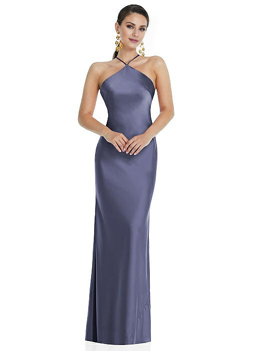 Vestido de fiesta Jimiss con escote halter, hombros descubiertos, sin mangas, espalda descubierta y largo hasta el suelo