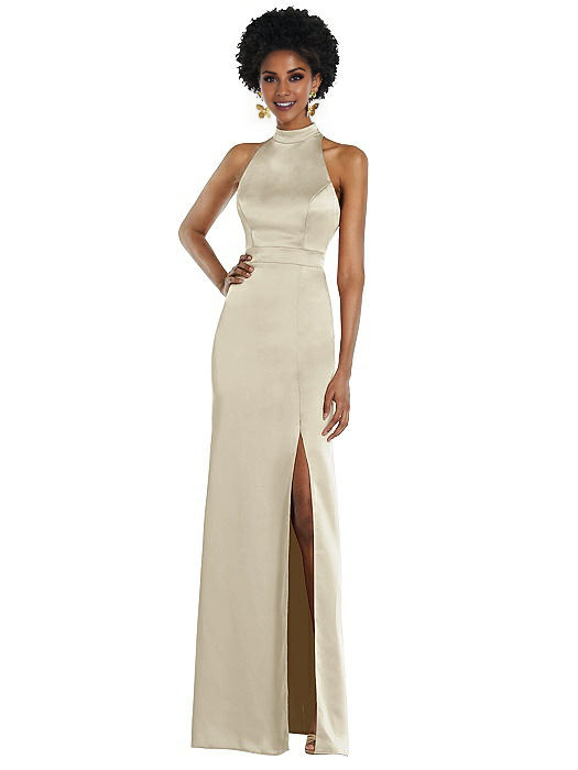 Vestido de fiesta Jimiss con cuello halter, hombros descubiertos, sin mangas, espalda descubierta, abertura lateral y largo hasta el suelo