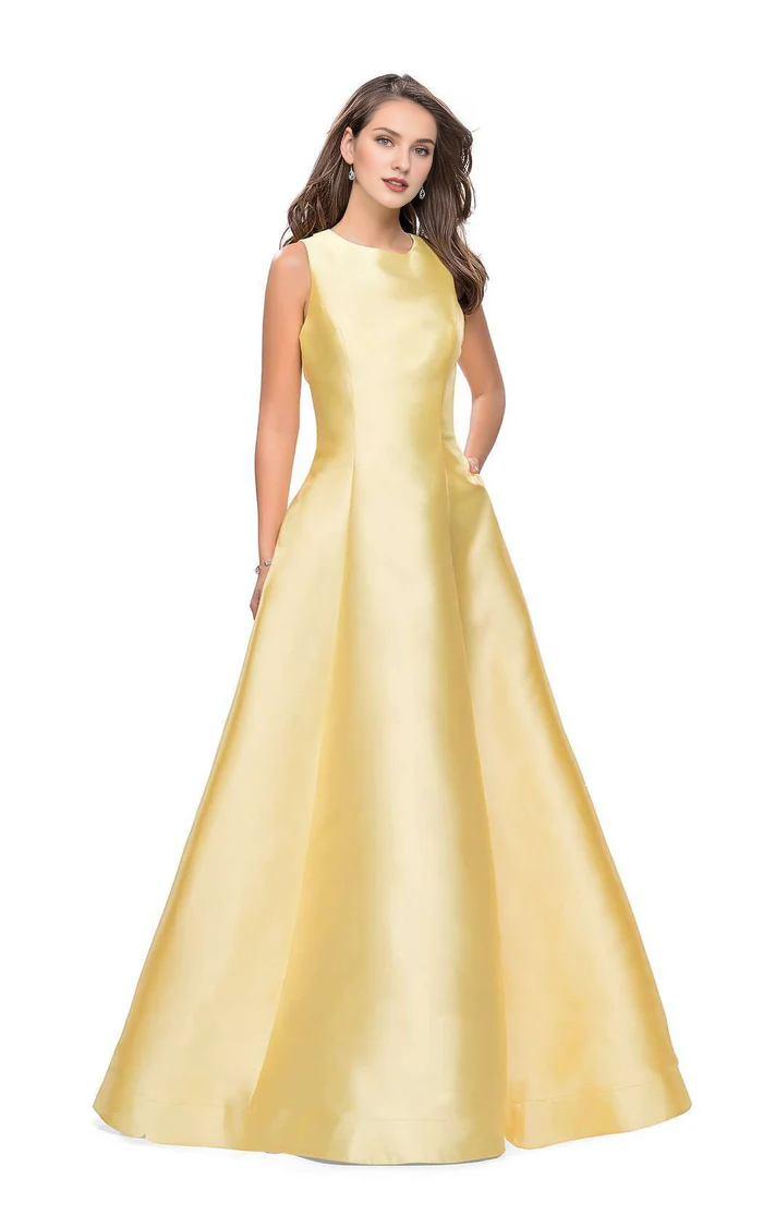 Yellow Satin A-Line Boat Neck Floor-Length Bridesmaid Dress with Pockets