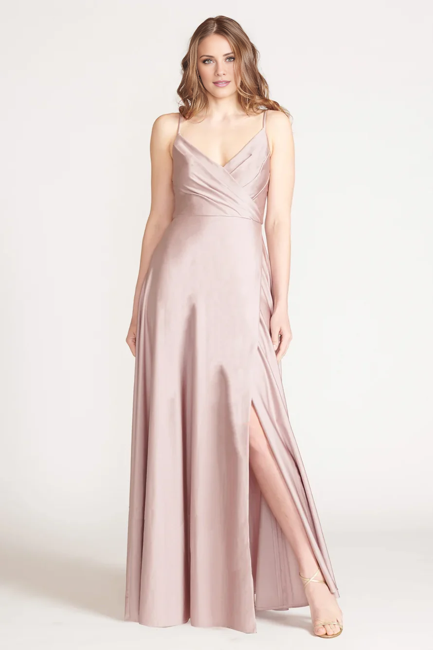 Vestido de fiesta Jimiss con escote en V, hombros descubiertos, sin mangas, tirantes finos, espalda descubierta, abertura lateral y largo hasta el suelo