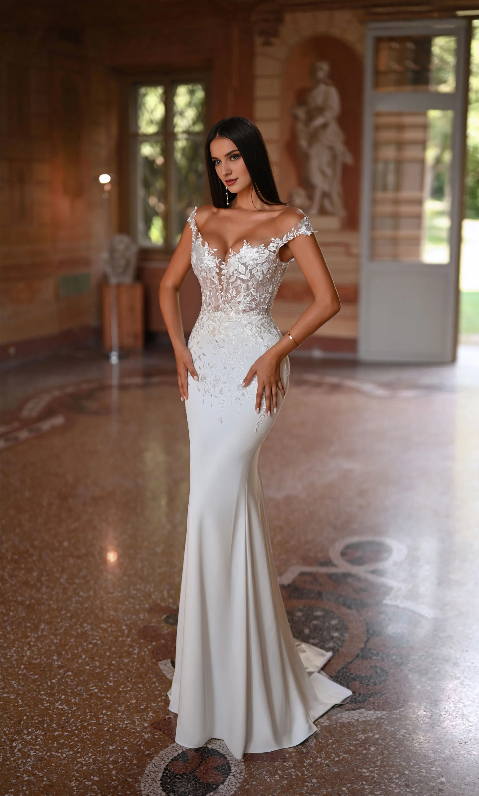 Ivory Lace Mermaid Off-the-Shoulder Floor-Length Dress with Intricate Lace Appliques for Prom & Formal Event
