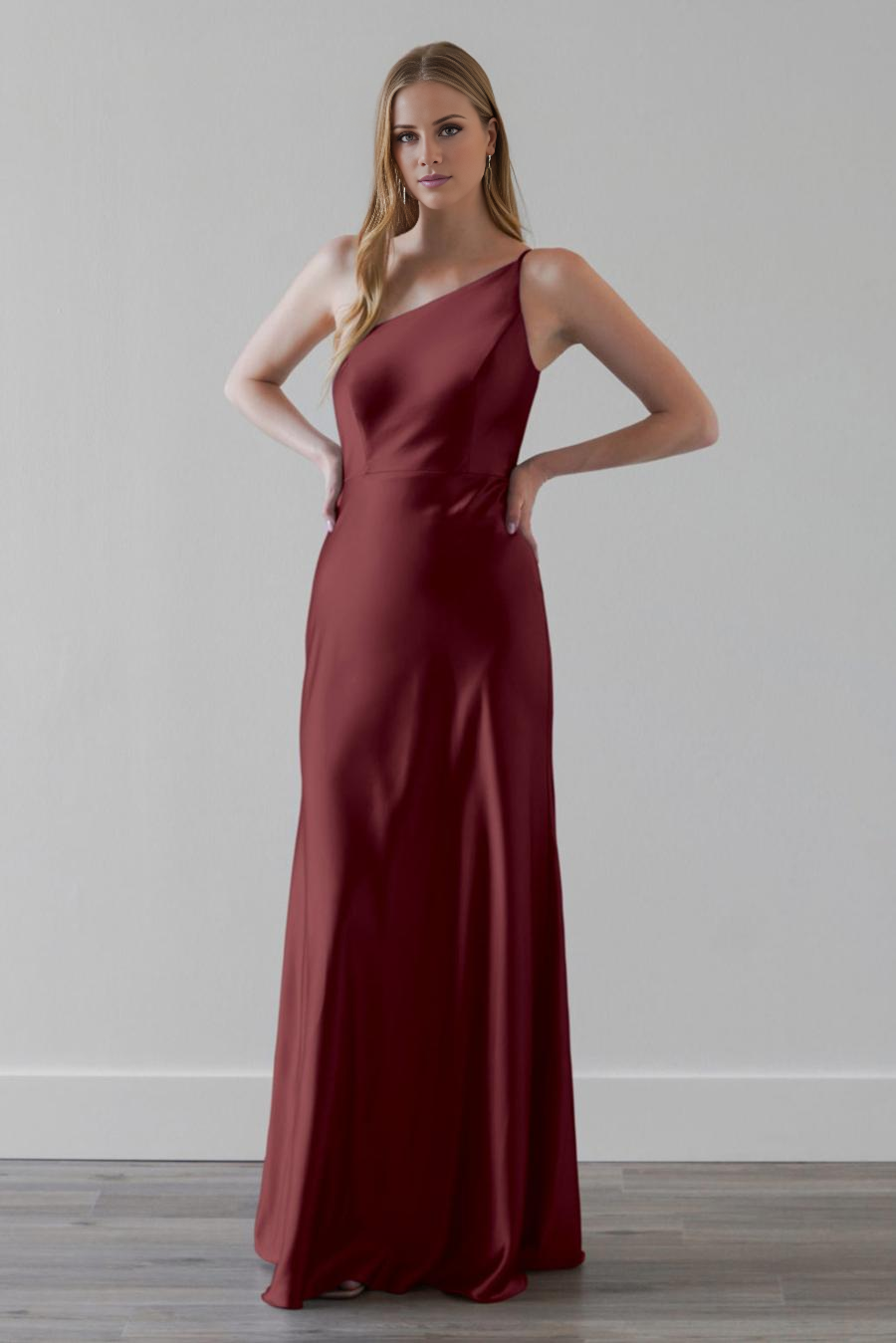 Vestido de noche Jimiss con cuello de un solo hombro, sin mangas y largo hasta el suelo