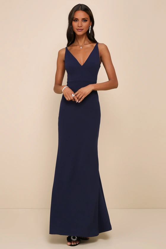 Dark Navy Crepe Sheath/column Floor-Length Bridesmaid Dress with V-Neck