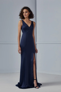 Vestido de fiesta Jimiss con escote en V, hombros descubiertos, sin mangas, espalda descubierta, abertura lateral y largo hasta el suelo