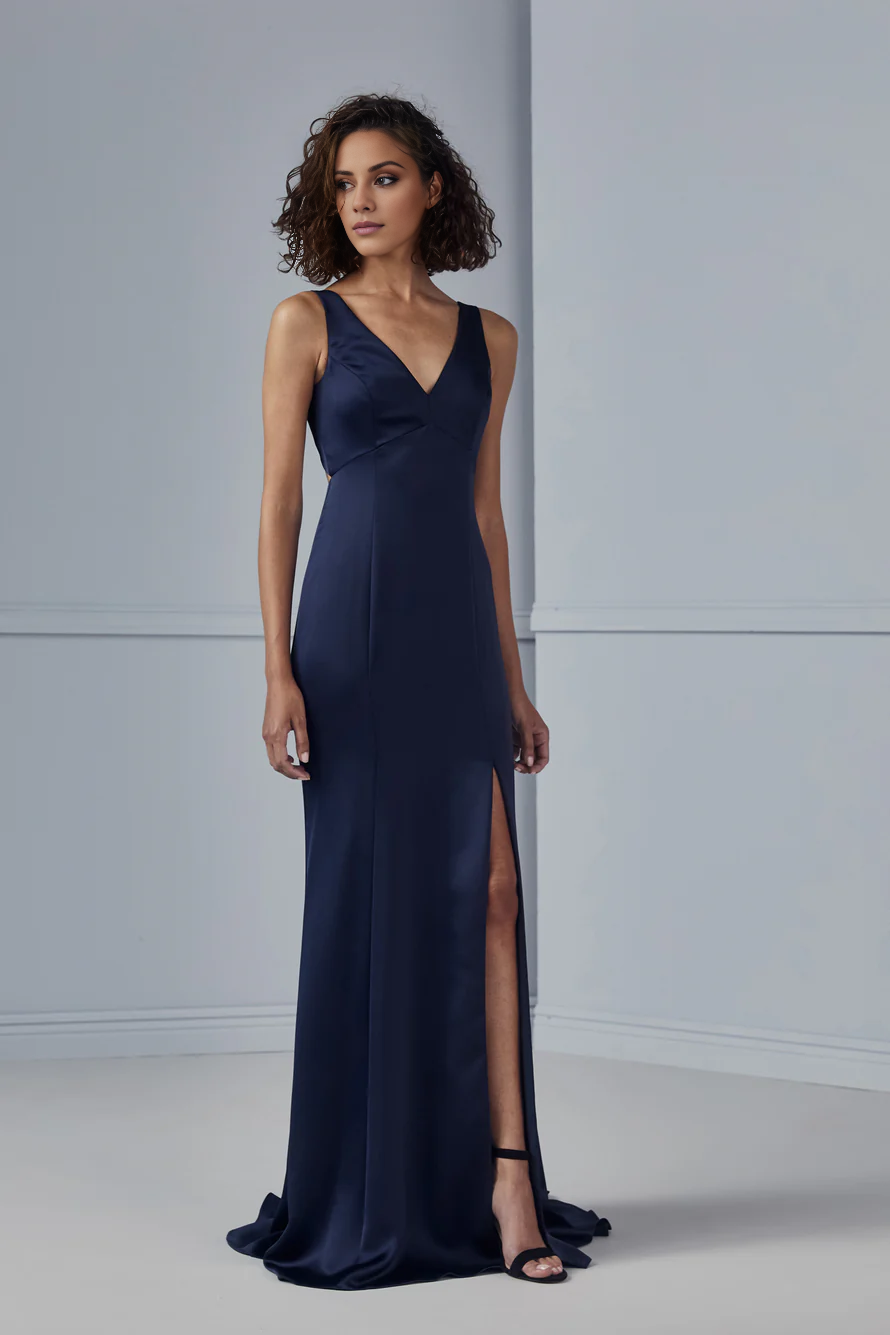 Vestido de fiesta Jimiss con escote en V, hombros descubiertos, sin mangas, espalda descubierta, abertura lateral y largo hasta el suelo