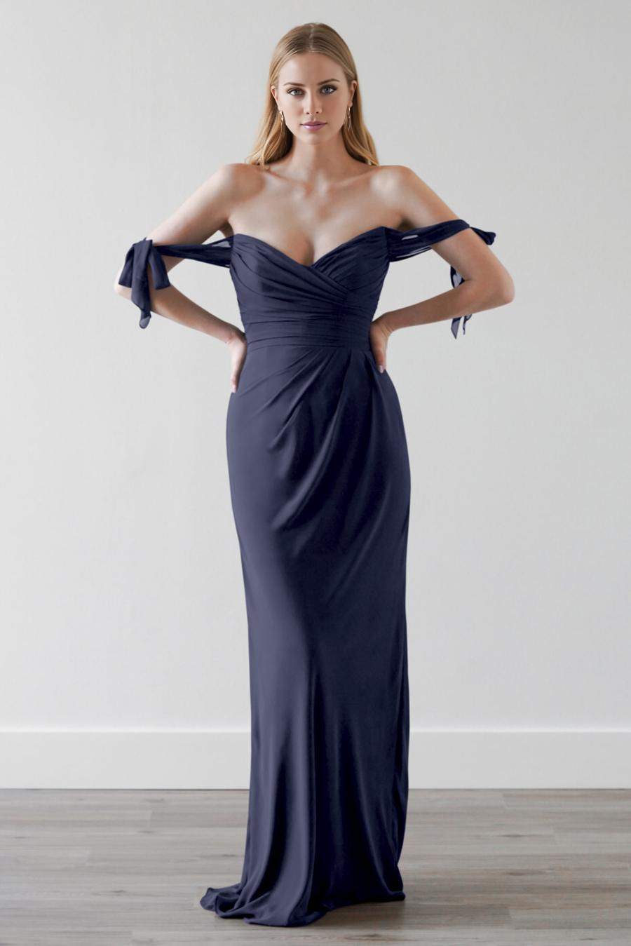 Dark Navy Off-the-Shoulder Chiffon Floor-Length Bridesmaid Dress