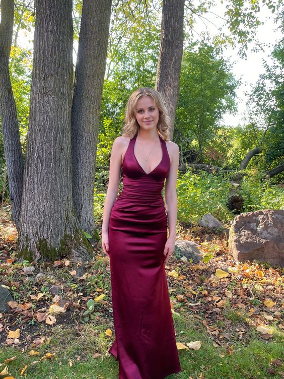 Vestido de fiesta largo con escote en V rojo vino sencillo de Jimiss, vestido formal de graduación