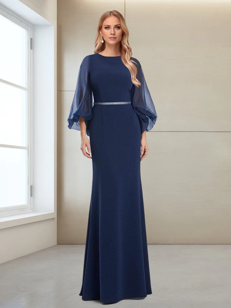 Dark Navy Crepe Mermaid Floor-Length Dress with Sheer Voluminous Sleeves