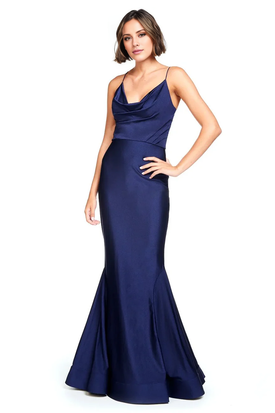 Vestido de fiesta Jimiss con cuello de bufanda, hombros descubiertos, sin mangas, tirantes finos, espalda descubierta y largo hasta el suelo