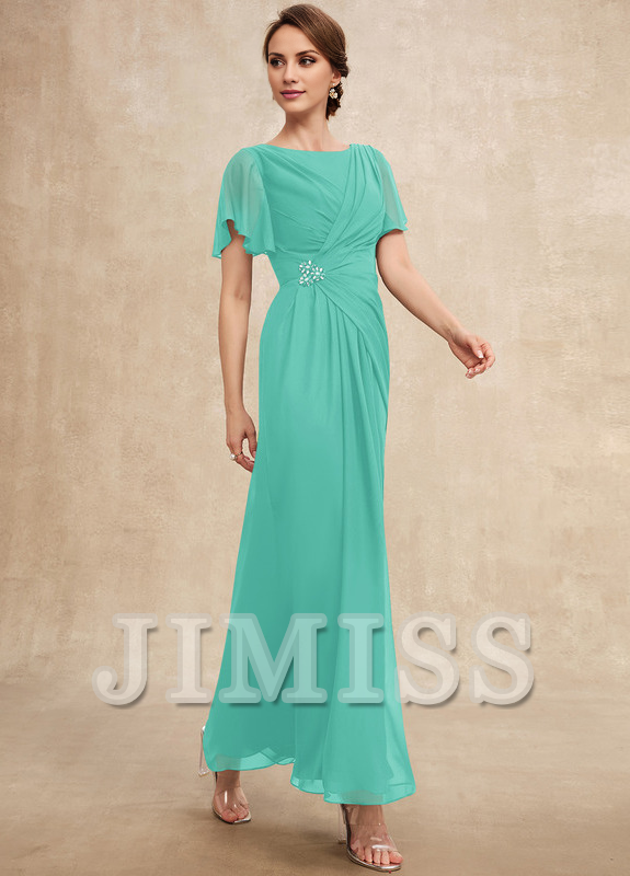 Vestido de gasa para madre de la novia, de corte A, plisado, con cuentas y escote pronunciado hasta los tobillos