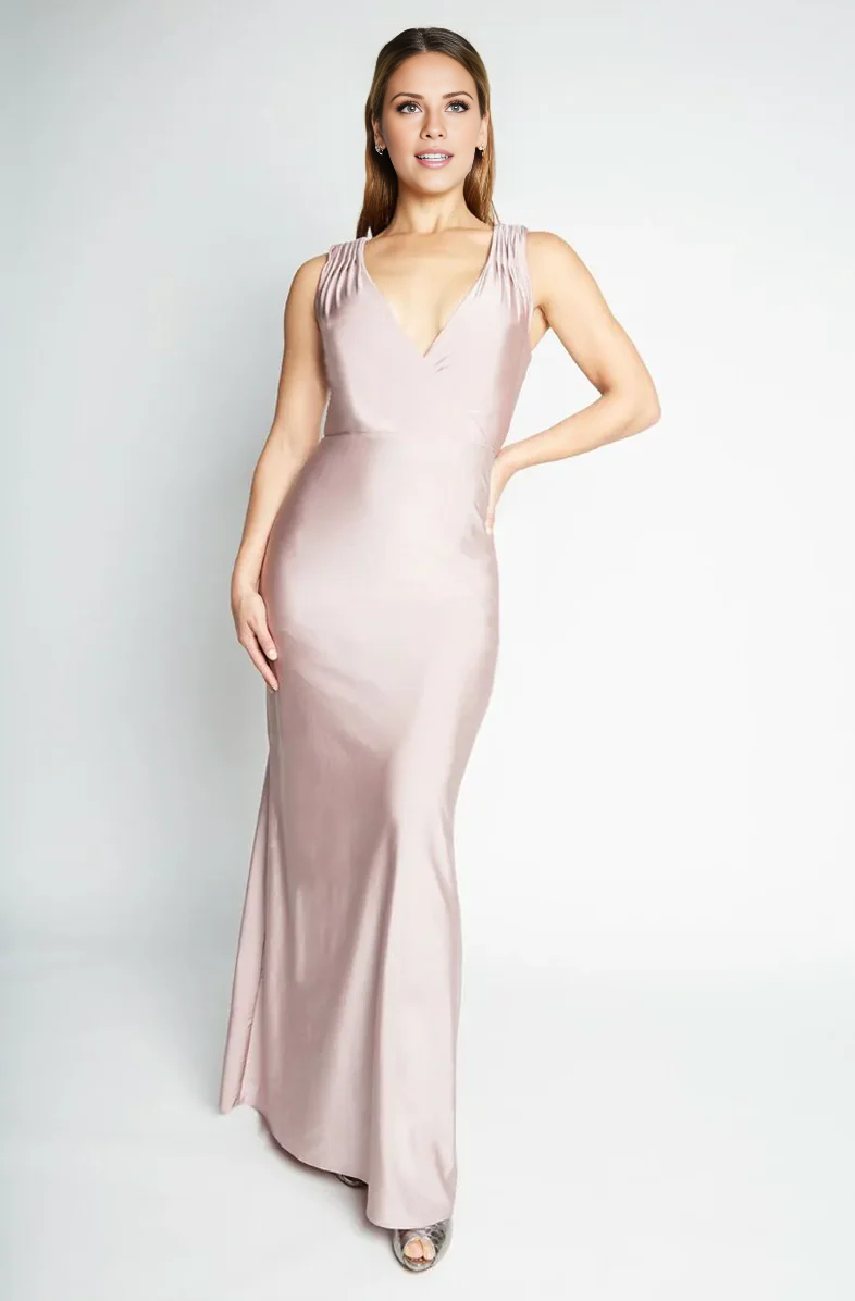 Vestido de noche Jimiss con escote en V, hombros descubiertos, sin mangas, espalda descubierta y largo hasta el suelo