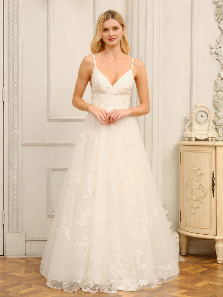 Abito da sposa lungo senza maniche con scollo a V, spalline sottili, stile principessa, a trapezio