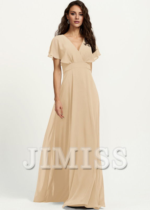 Abito da damigella d'onore in chiffon lungo fino al pavimento, con scollo a V e linea ad A