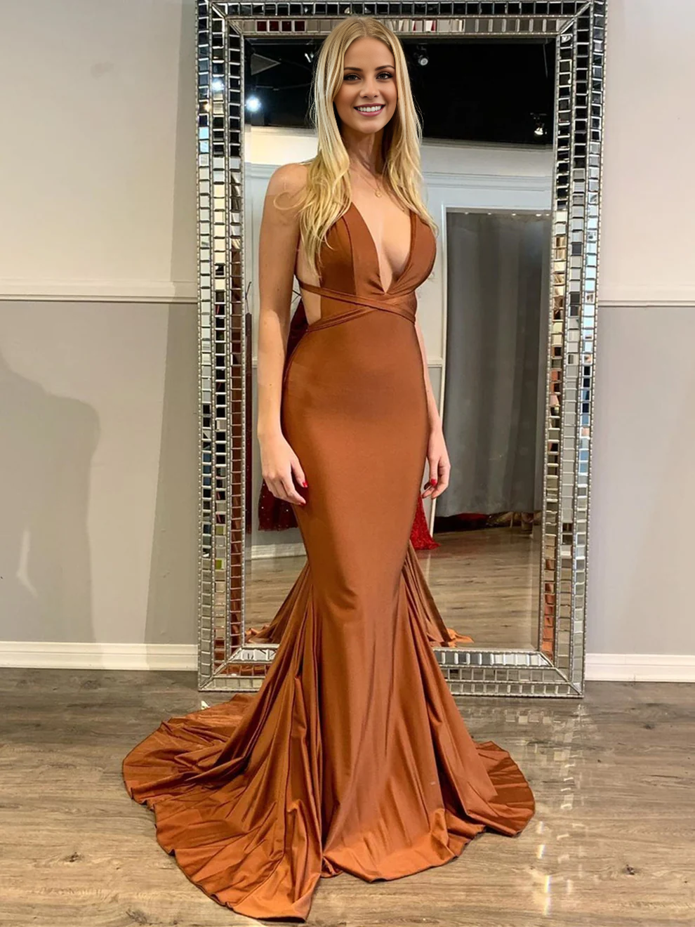 Vestido de graduación formal de satén con escote en V, sirena, largo y sexy de Jimiss