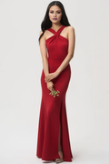 Vestido de fiesta Jimiss con escote cruzado, hombros descubiertos, sin mangas, espalda descubierta, abertura lateral y largo hasta el suelo