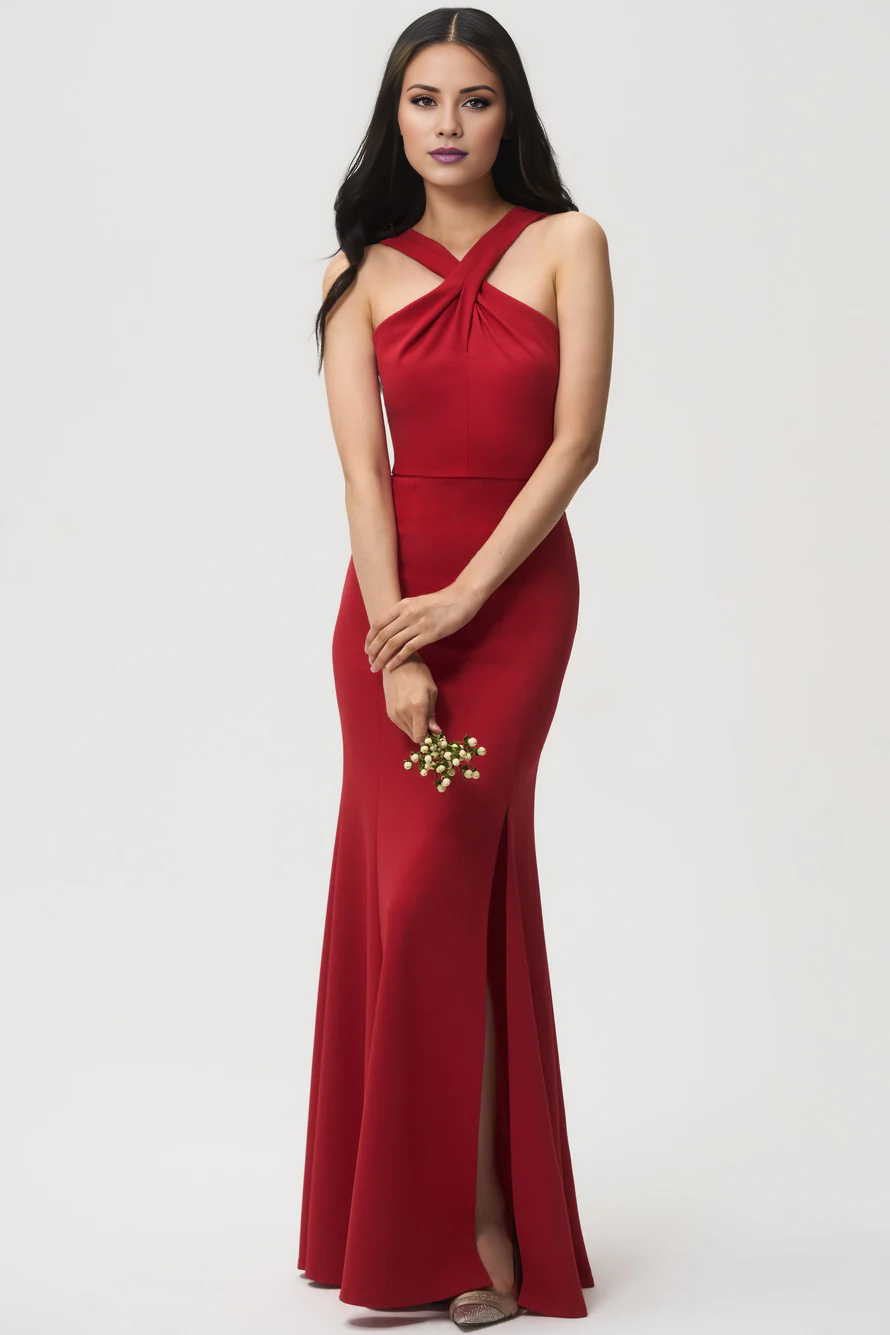 Vestido de fiesta Jimiss con escote cruzado, hombros descubiertos, sin mangas, espalda descubierta, abertura lateral y largo hasta el suelo