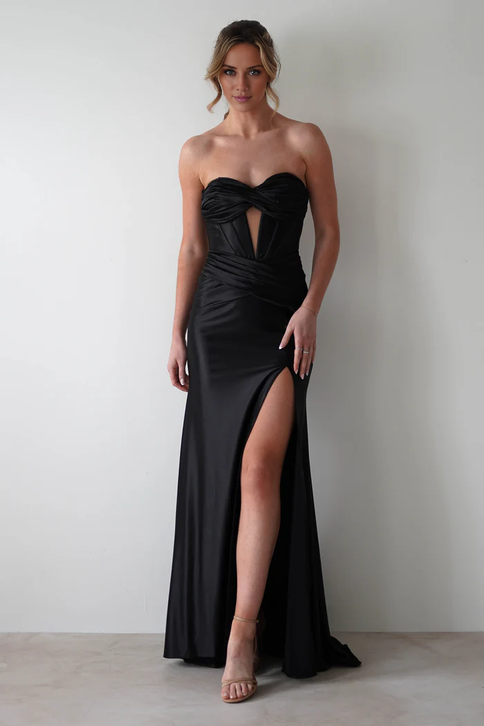 Vestido de fiesta largo hasta el suelo, sin tirantes, con abertura lateral y hombros descubiertos - Vestido Jimiss 