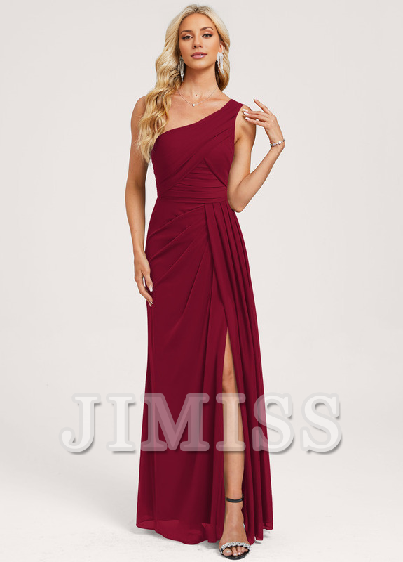 Vestido de dama de honor de malla con volantes, corte A, un hombro al aire y largo hasta el suelo