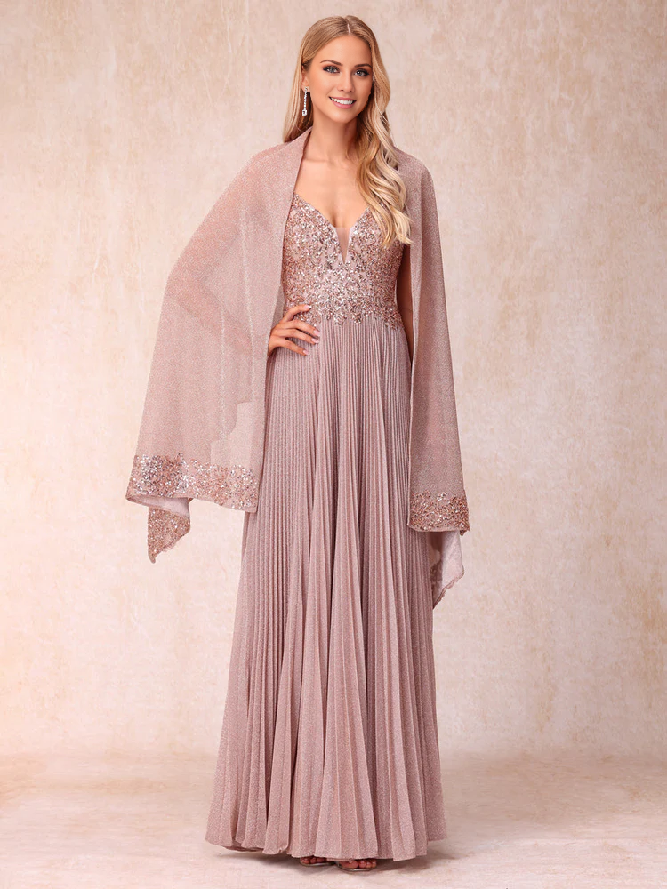 Vestido largo de princesa con tirantes finos, sin mangas y lentejuelas para madre de la novia 