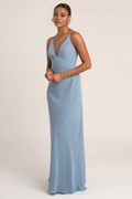 Vestido de fiesta Jimiss con escote en V profundo, hombros descubiertos, sin mangas, espalda descubierta y largo hasta el suelo