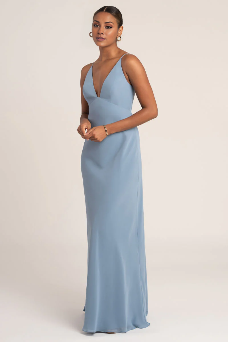 Vestido de fiesta Jimiss con escote en V profundo, hombros descubiertos, sin mangas, espalda descubierta y largo hasta el suelo