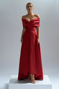 Red Satin Off-the-Shoulder A-Line High-Low Evening Dress with Large Bow