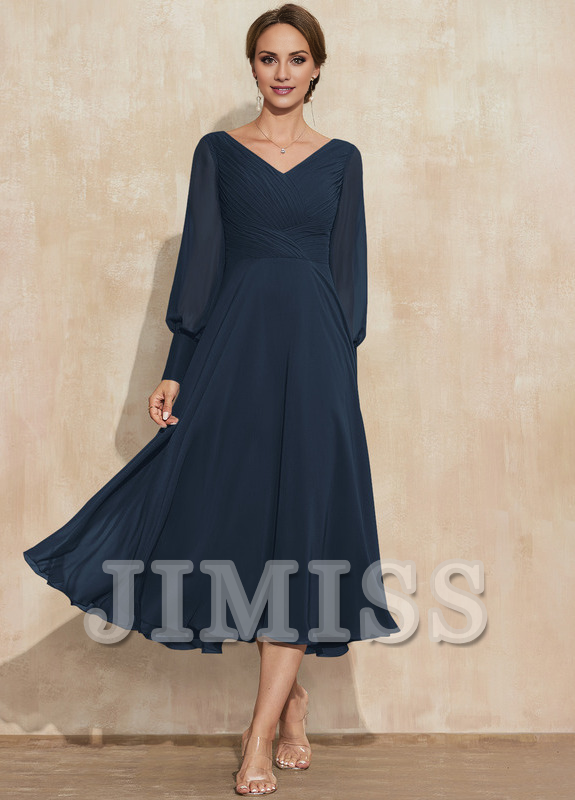 Abito da damigella d'onore in chiffon plissettato, lunghezza tè, con scollo a V e linea ad A