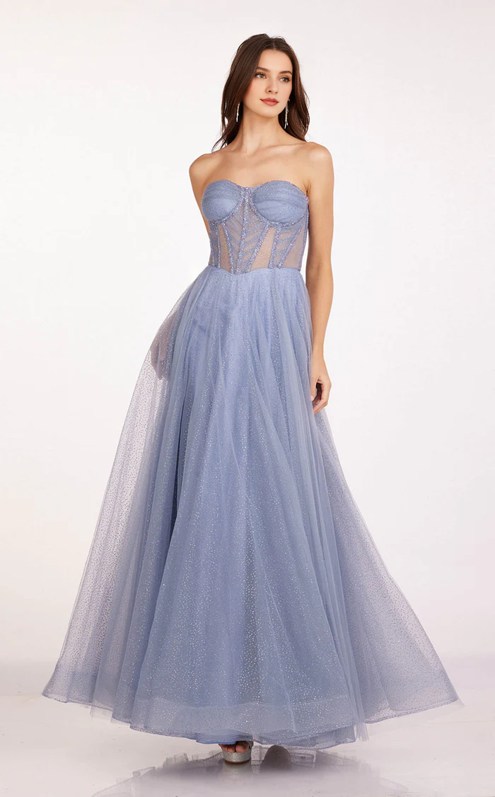 Abito da ballo lungo fino al pavimento, con corsetto stretto e trasparente, senza spalline, a trapezio