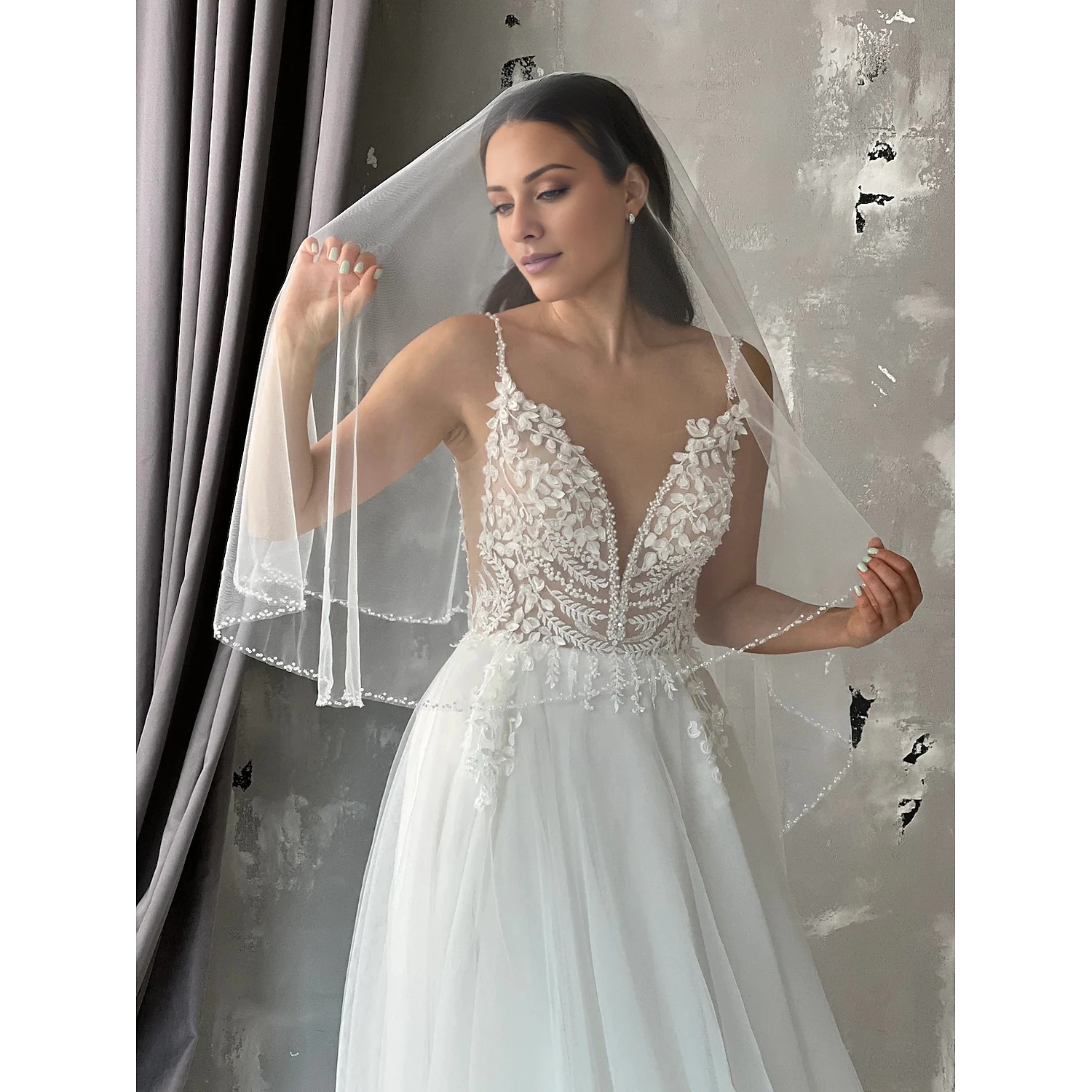 Jimiss - Velo de novia de una sola capa, sencillo y de moda, para iglesia, con gasa con cuentas.