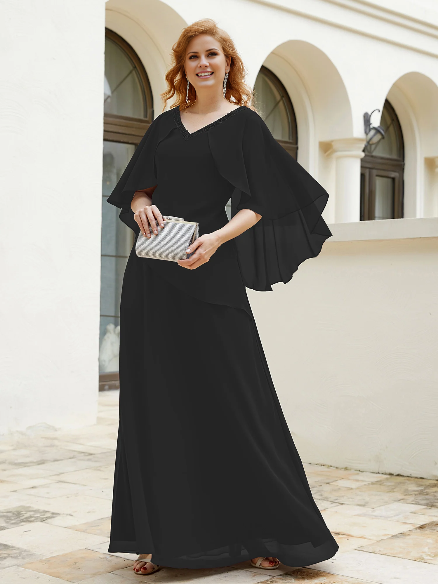 Purple Chiffon A-Line Floor-Length Dress with Beaded V-Neckline
