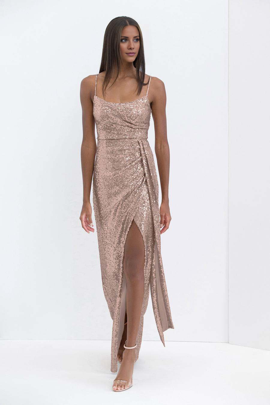 Jimiss square neckline thin shoulder straps sequins side slits and floor length evening dress
