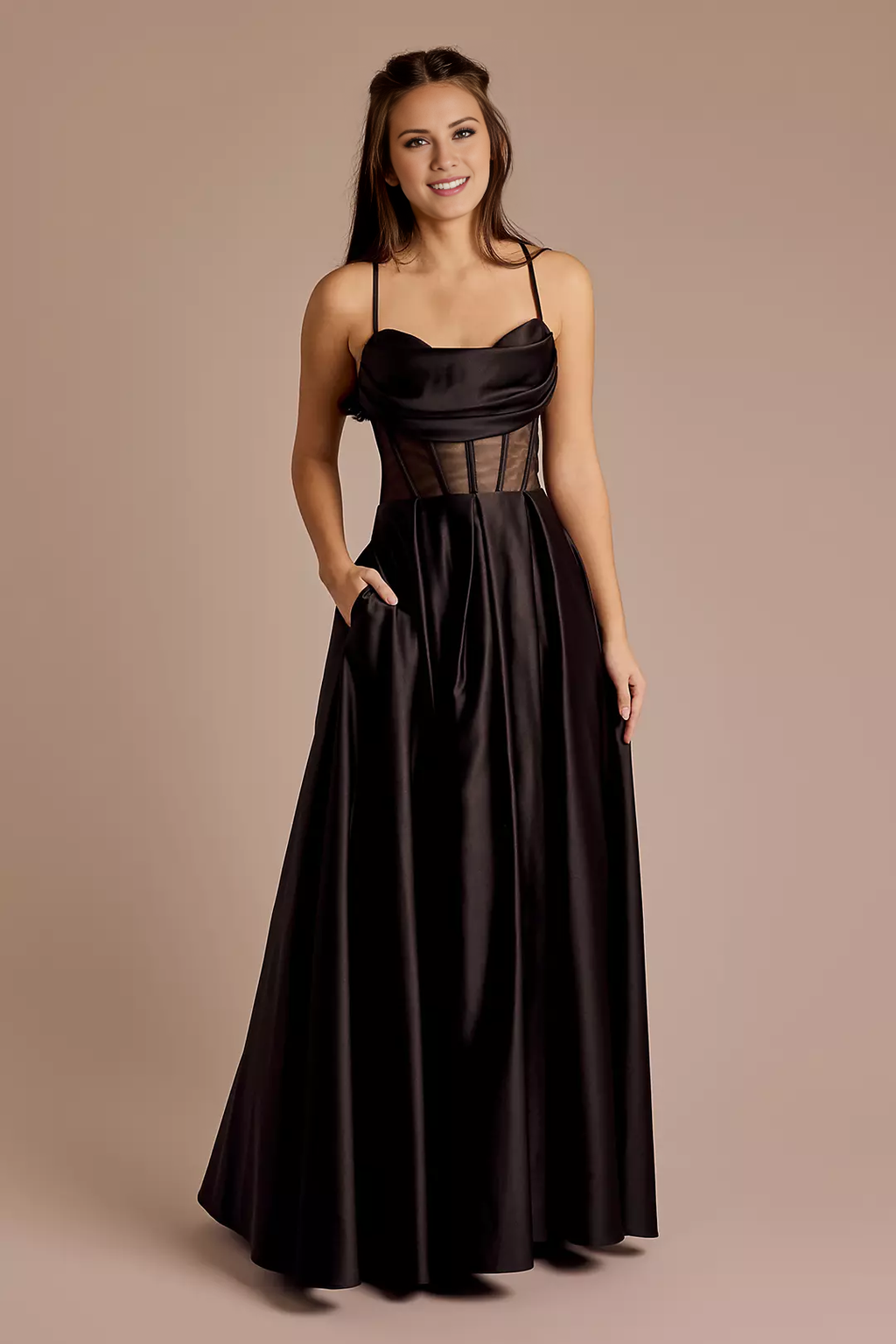 Black Satin A-Line Floor-Length Evening Dress with Draped Cowl Neck and Pockets