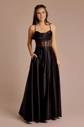 Black Satin A-Line Floor-Length Evening Dress with Draped Cowl Neck and Pockets