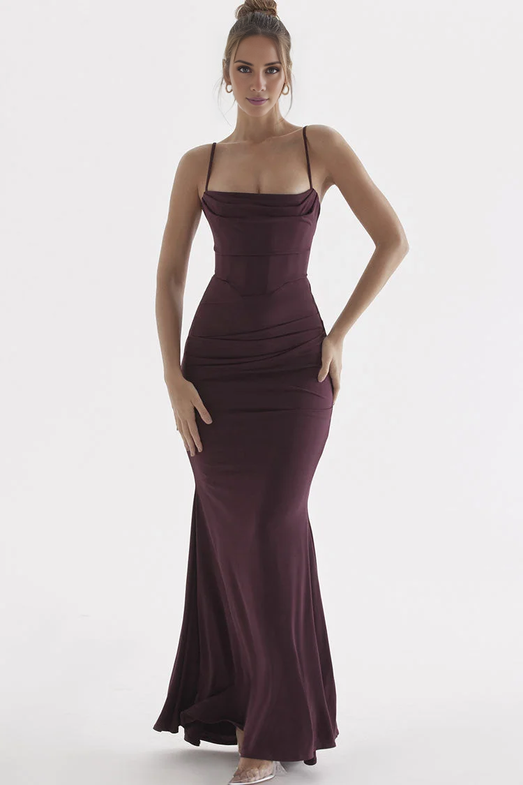 Vestido de fiesta Jimiss de corte sirena, escote cuadrado, hombros descubiertos, sin mangas, tirantes finos, espalda descubierta y largo hasta el suelo