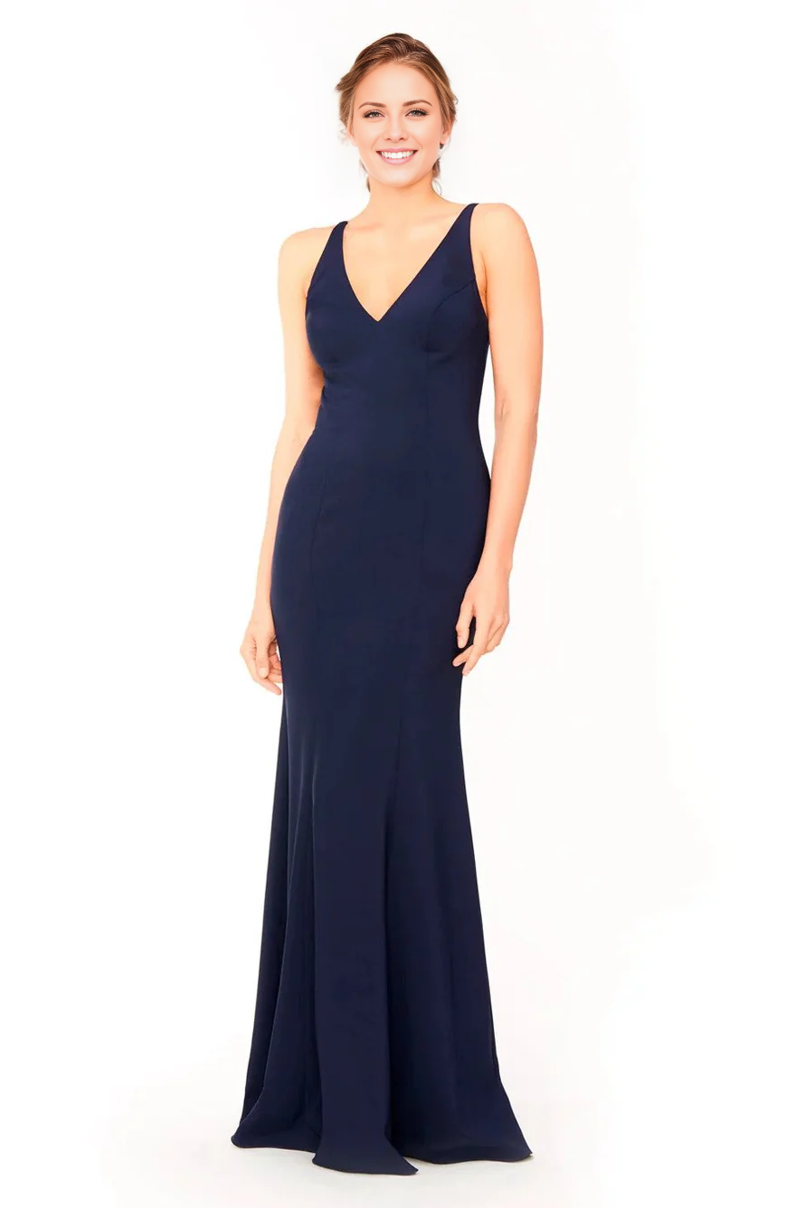 Vestido de noche Jimiss con escote en V, hombros descubiertos, sin mangas, espalda descubierta y largo hasta el suelo