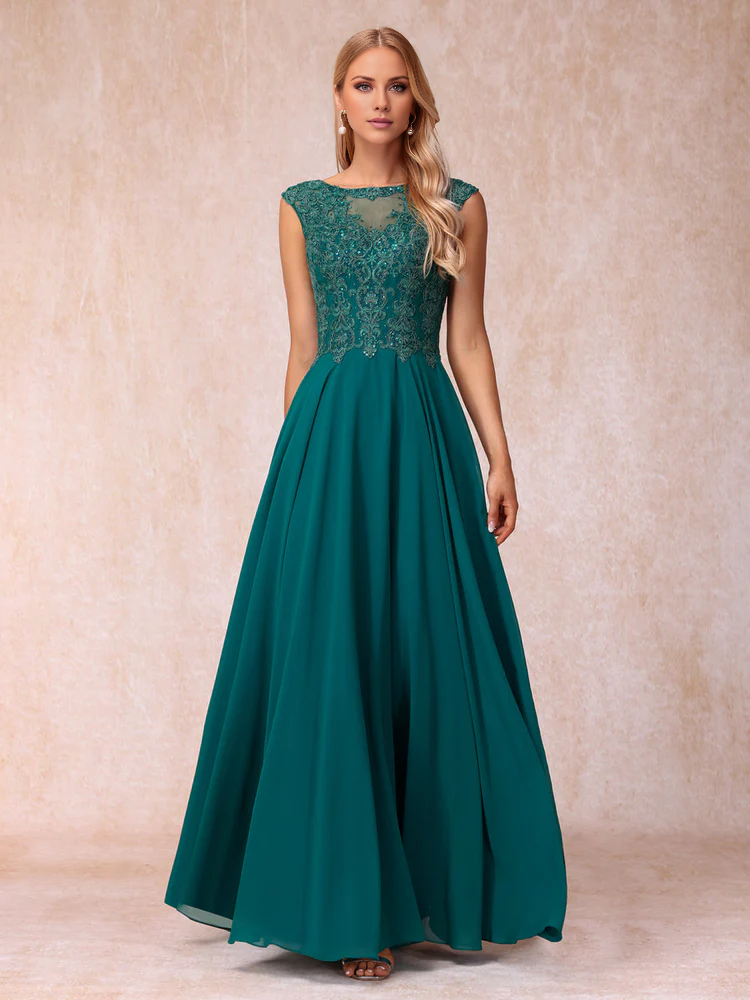 Teal Embroidered Illusion Bodice A-Line Floor-Length Bridesmaid Dress