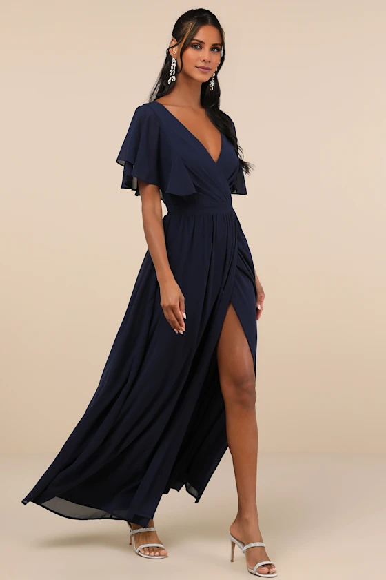 Jimiss A-line V-neck short sleeved backless side slit and floor length evening dress