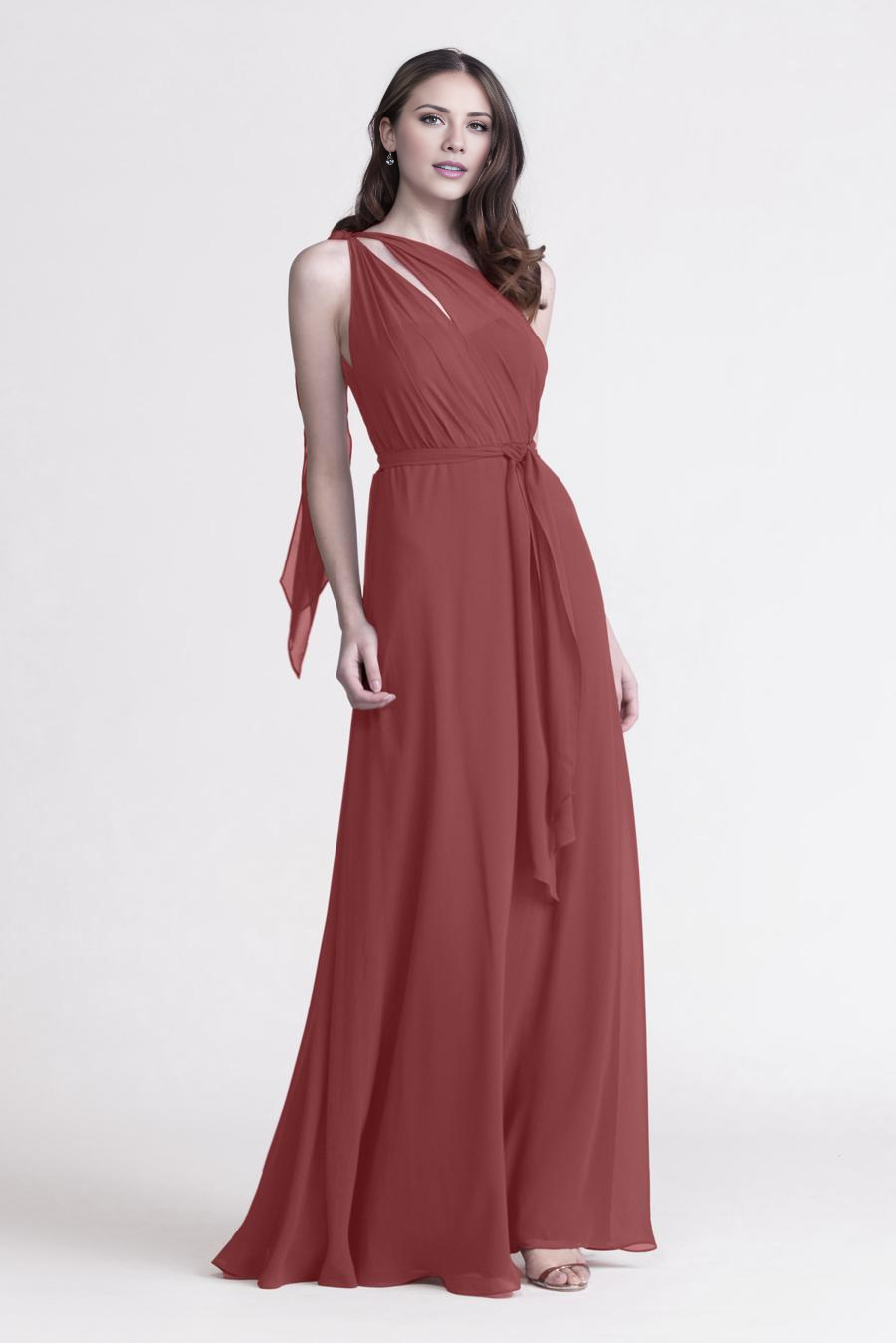 Terracotta Chiffon A-Line One Shoulder Floor-Length Bridesmaid Dress