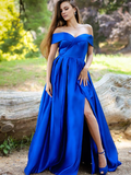 Vestido de fiesta Jimiss de satén elegante con volantes, corte A, hombros descubiertos, sin mangas y hasta el suelo
