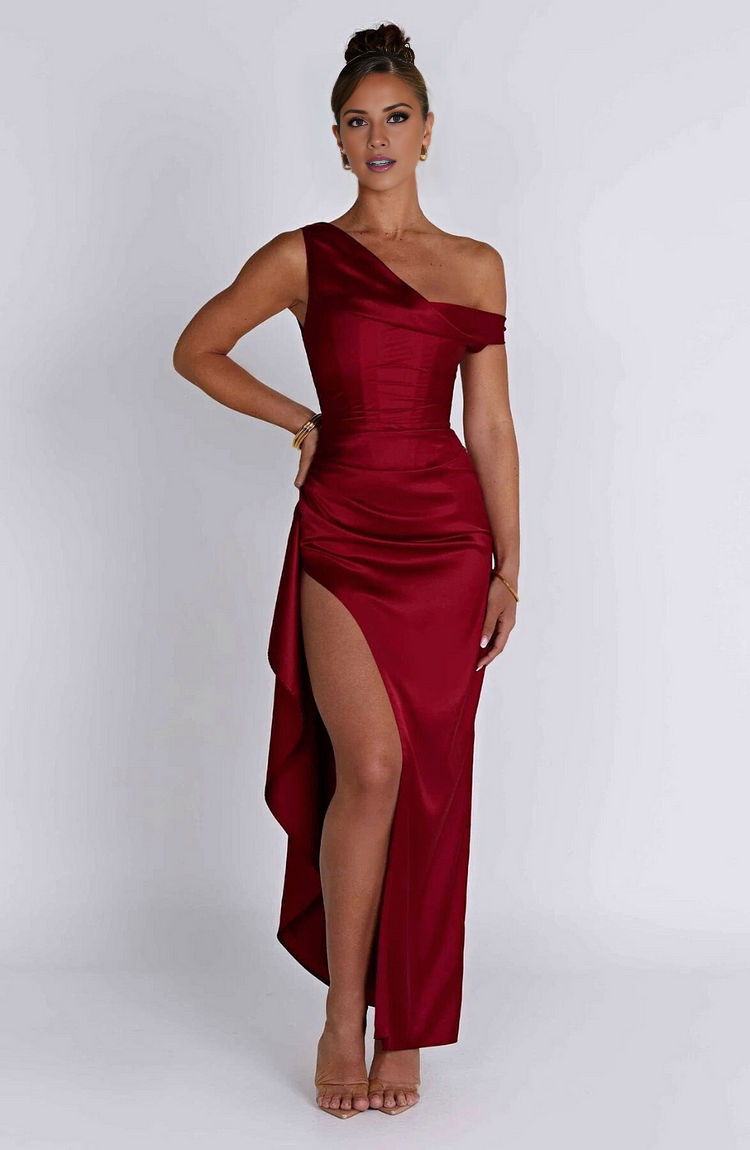 Vestido de fiesta Jimiss con cuello asimétrico, hombros descubiertos, sin mangas, espalda descubierta, abertura lateral y largo hasta el suelo