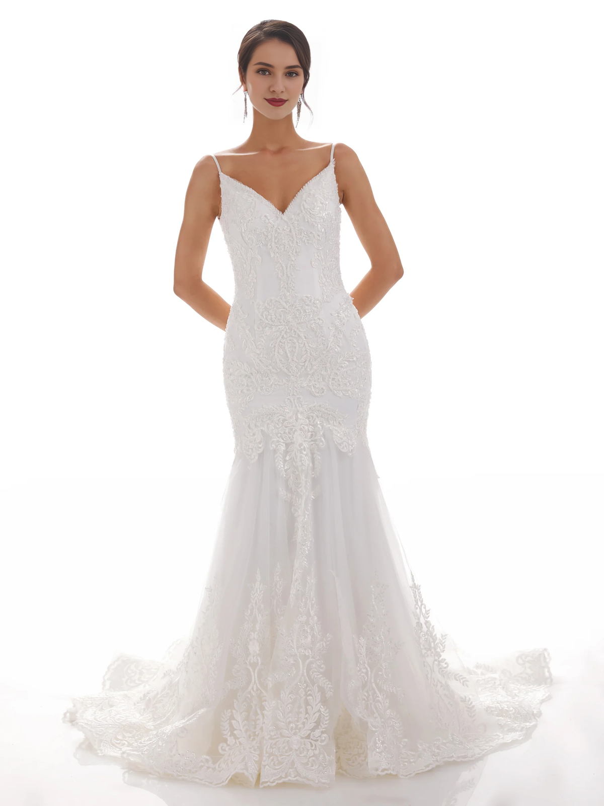 Ivory Lace Mermaid Bridesmaid Dress with V-Neckline