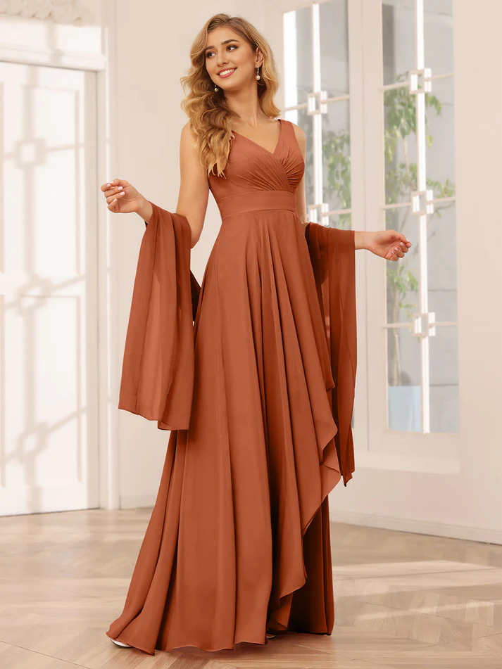 Chiffon V-Neck Detachable Bell-Sleeve High-Low A-Line Floor-Length Versatile Bridesmaid Dress