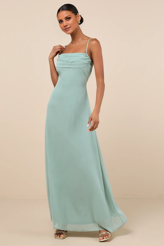 Dusty Sage A-Line Cowl Neck Floor-Length Bridesmaid Dress